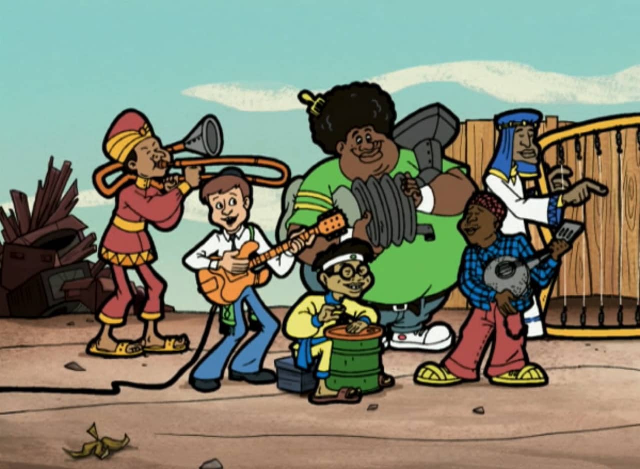 Heavy Hal with a diverse group of friends all playing instruments