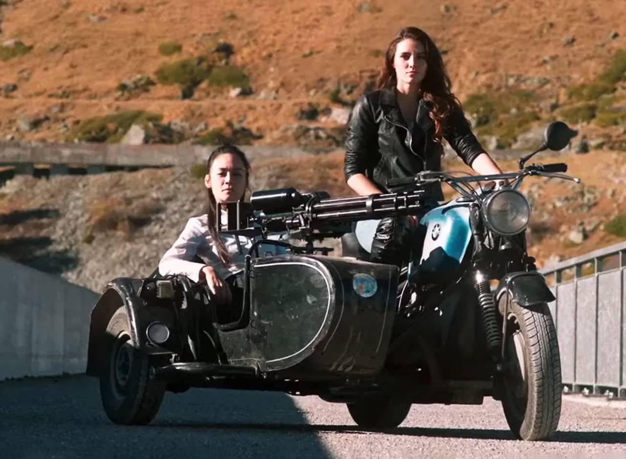 Heidi and Klara on a motrocycle with sidecar