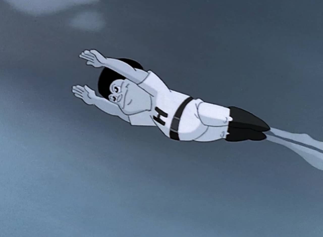 a black and white cartoon boy hero flying through the air