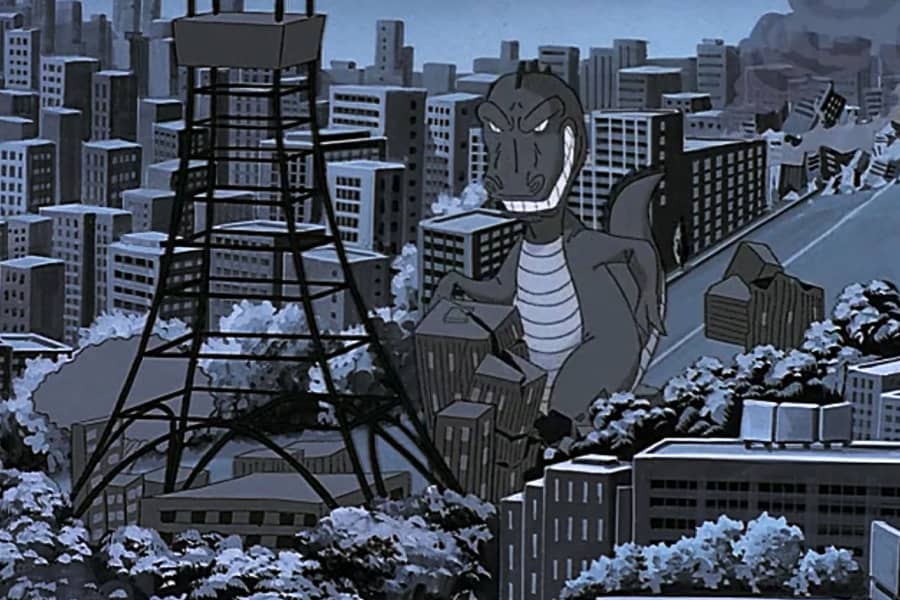 a giant lizard stomping through a city