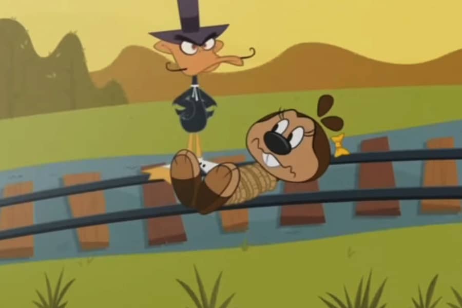 Golly Gopher tied to the tracks, a duck with a sinister mustache standing by her