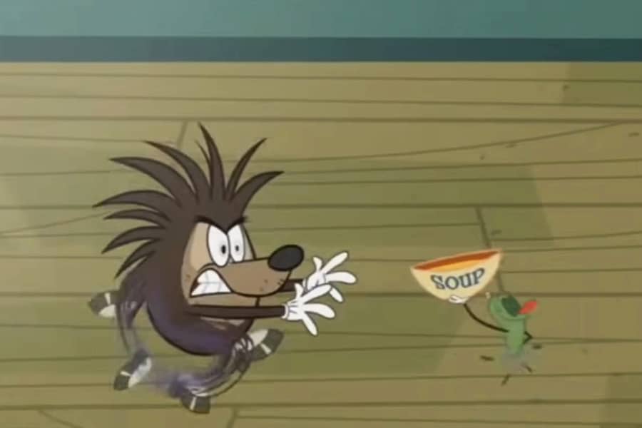 hedgehog chasing a pickle holding a bowl of soup