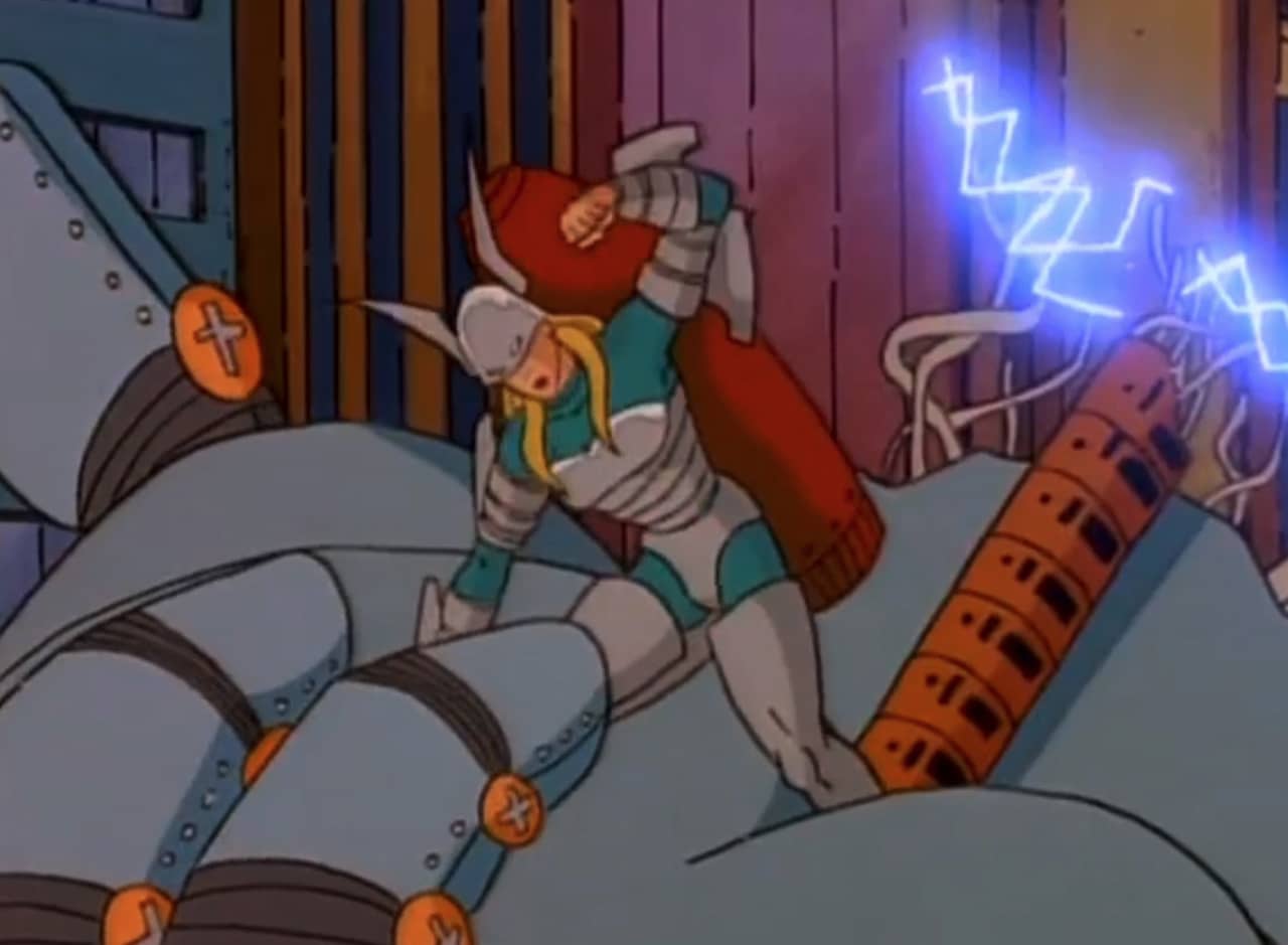 viking woman superhero beating up a giant robot hand