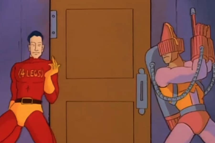 two superheroes about to bust into an apartment