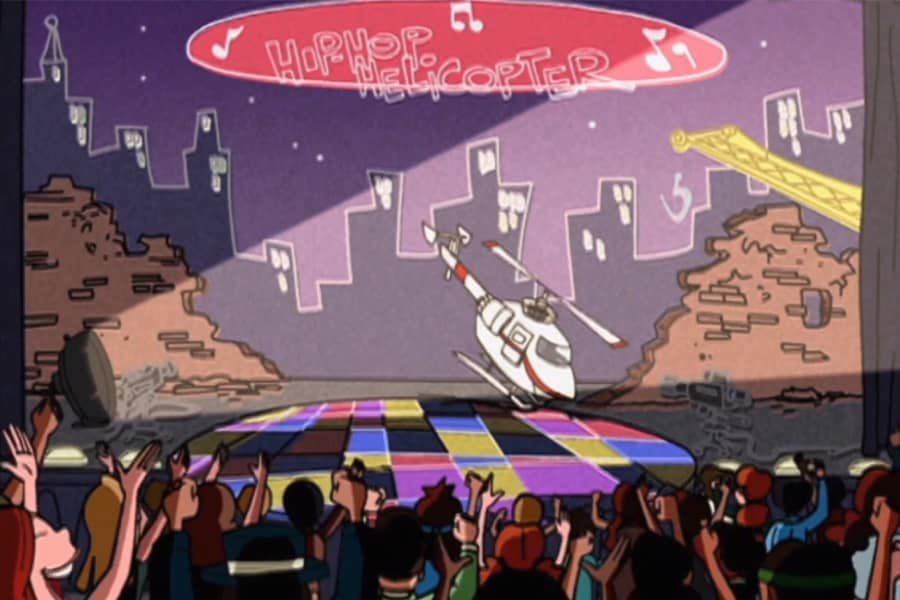 stage with studio audience and fake crashed helicopter