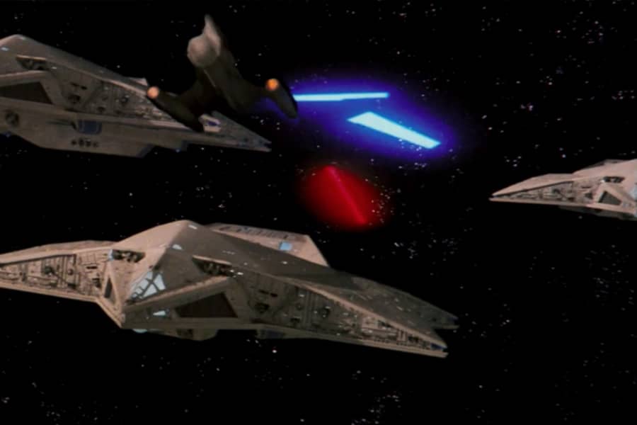 star of David-shaped spaceships fire lasers at each other