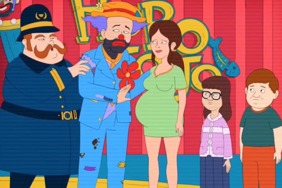 Hobo Jojo and the police officer next to a pregnant mom with two kids