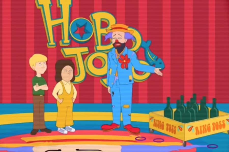 Hobo Jojo with two kids about to play ring toss