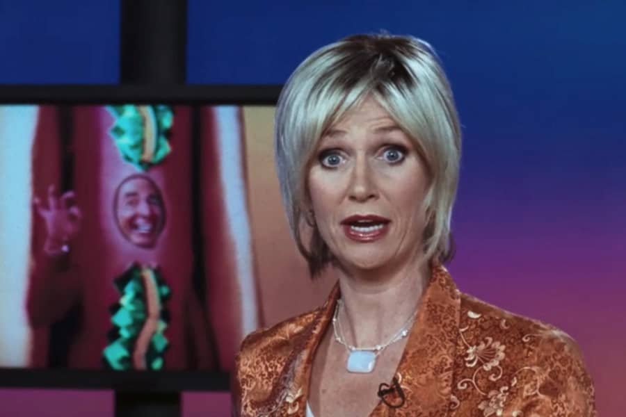 Cindy Martin with a photo of Victor Allan Miller dressed as a hot dog in the background