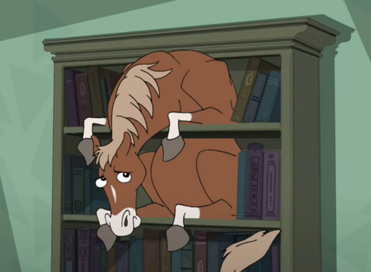 a horse is stuck in a bookcase