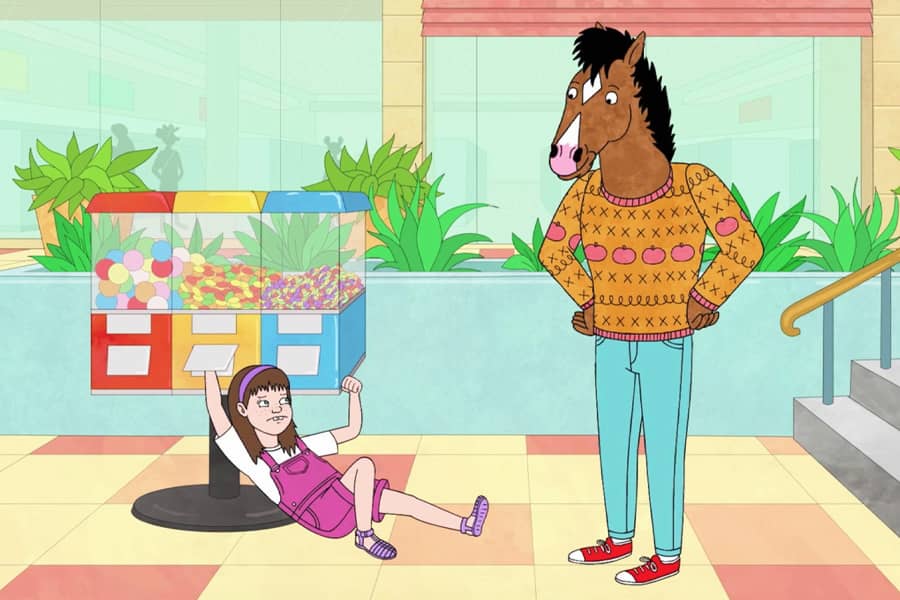 the Horse looks disapprovingly at Sabrina whose hand is stuck in a candy dispensing machine