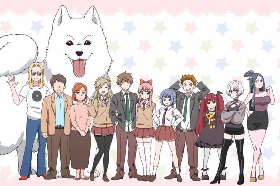the cast of the show with a giant dog