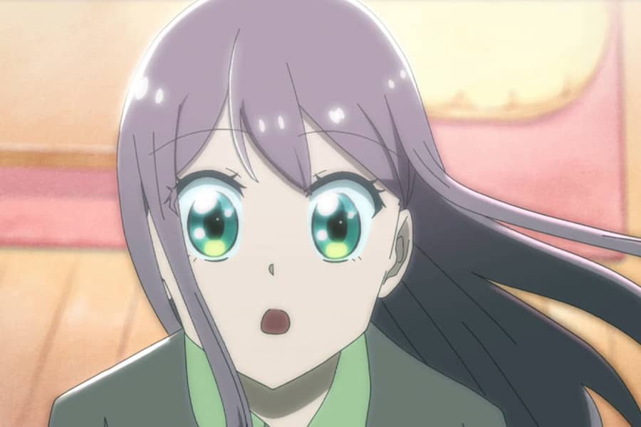 purple haired girl with big eyes looking at the stars