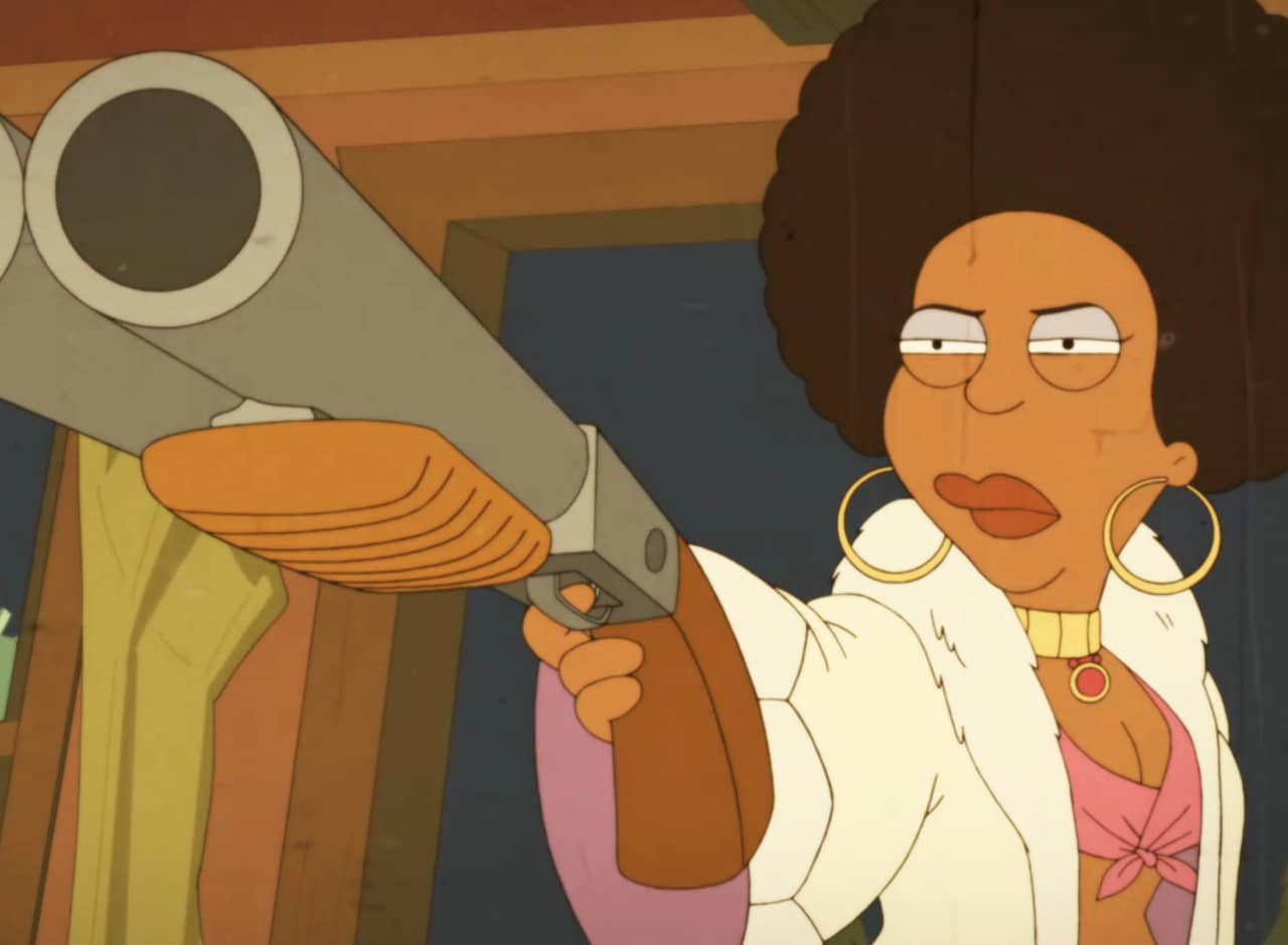 Cocoa Bang Bang pointing a shotgun