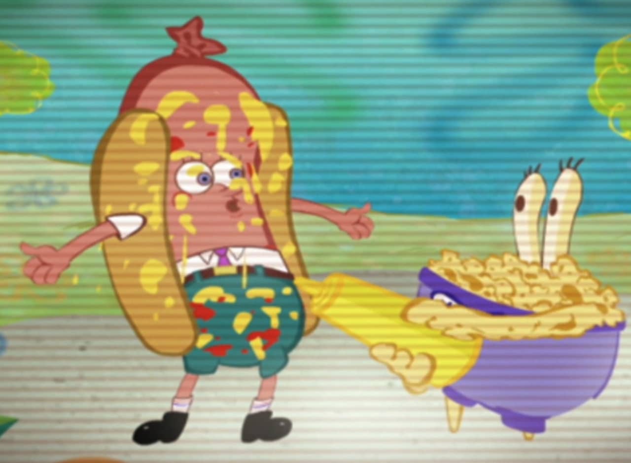 HotBob, a hot dog, and Spudrick, a bowl of potatoes. Spudrick is spraying HotBob with mustard.