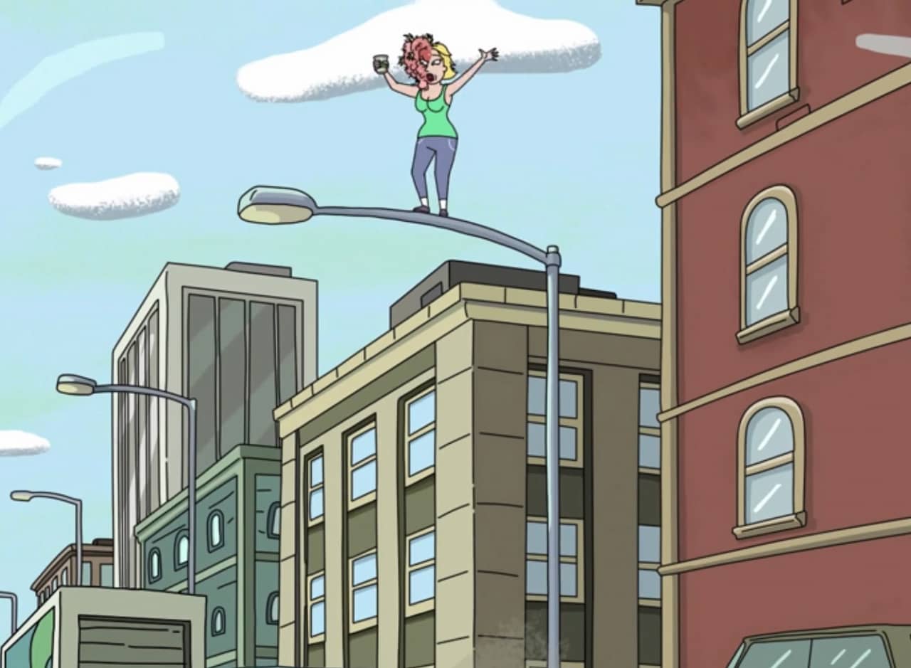 a confused woman standing on top of a tall light post