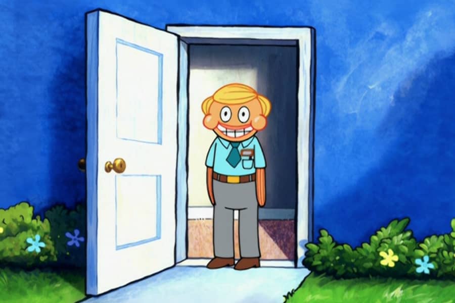 basic blonde fish guy in work attire standing in the doorway of a house