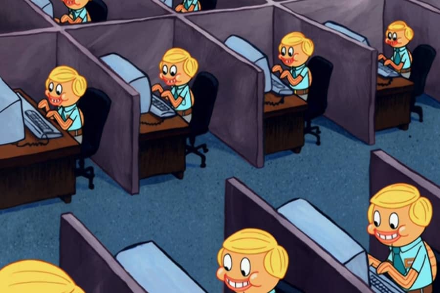 rows of cubicles, each with the same looking fish guy working in it