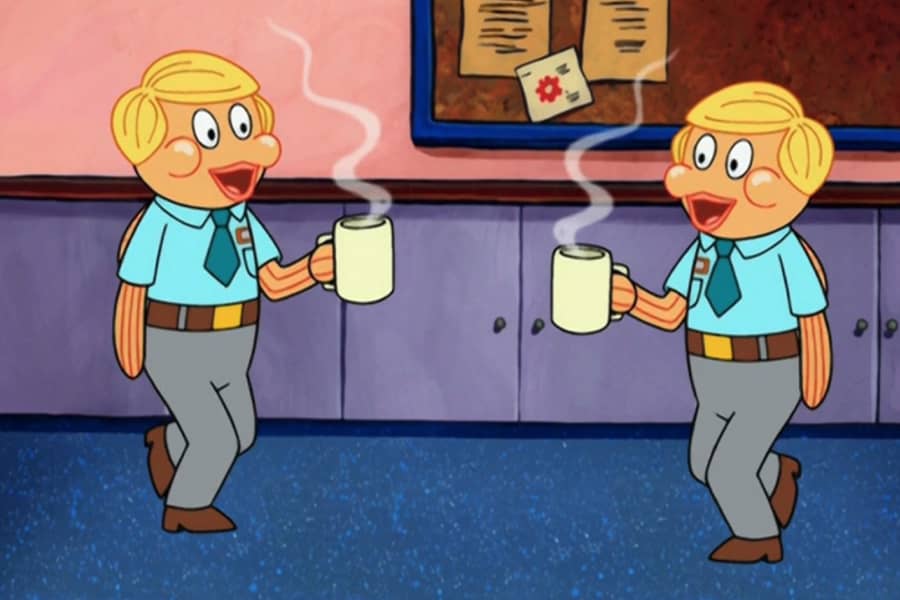 two identical fish guys holding coffee and about to pass each other in the office