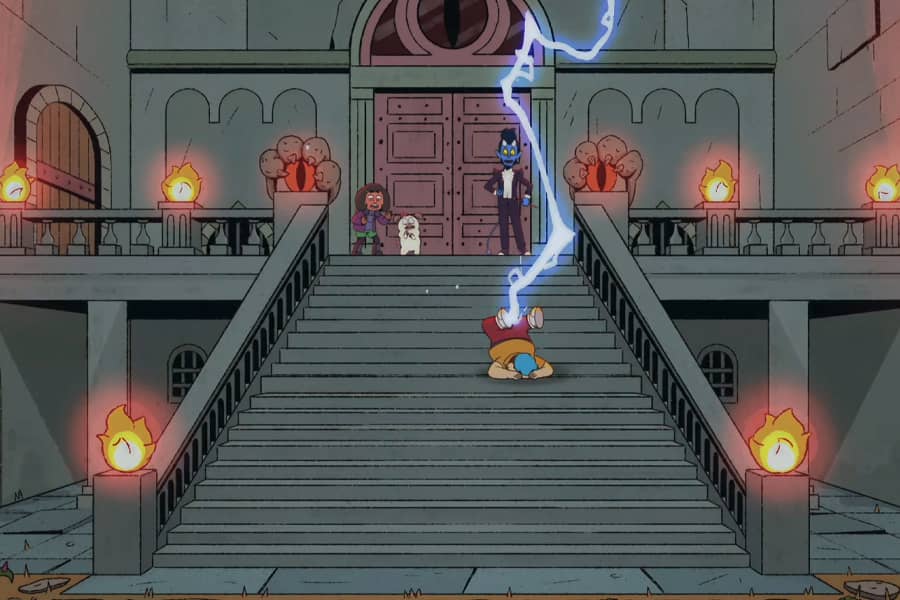 Barney Guttman falling down a big flight of stairs and getting struck by lightning