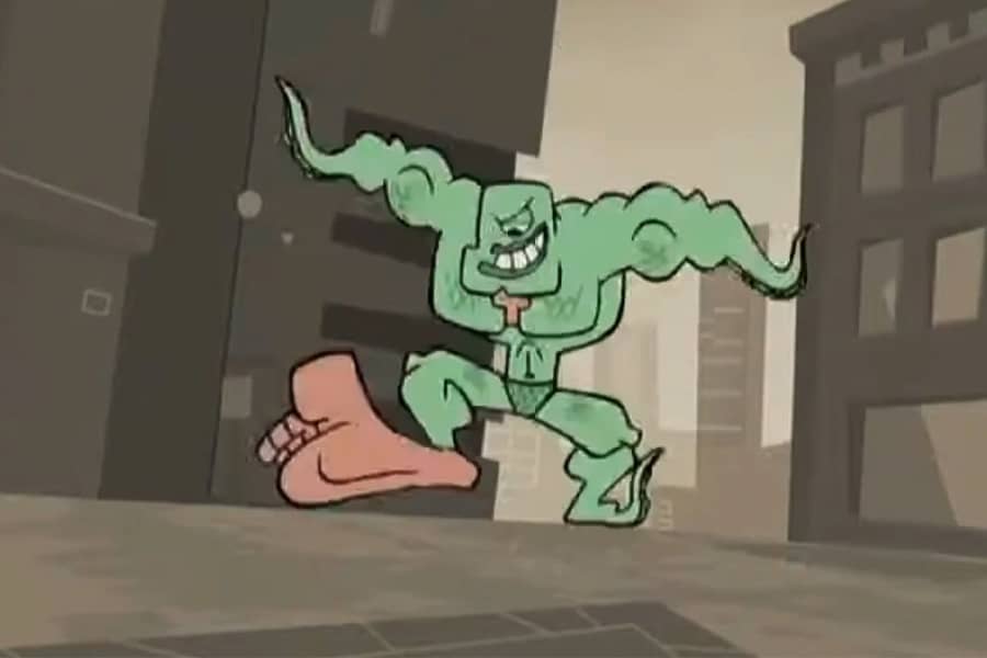 green creature with tentacles and one giant human foot