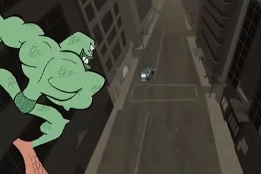 creature climbing buildings in a city