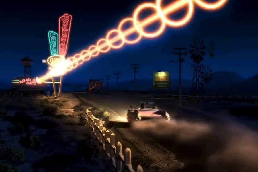 laser ray from the sky shooting a diner a car speeds by