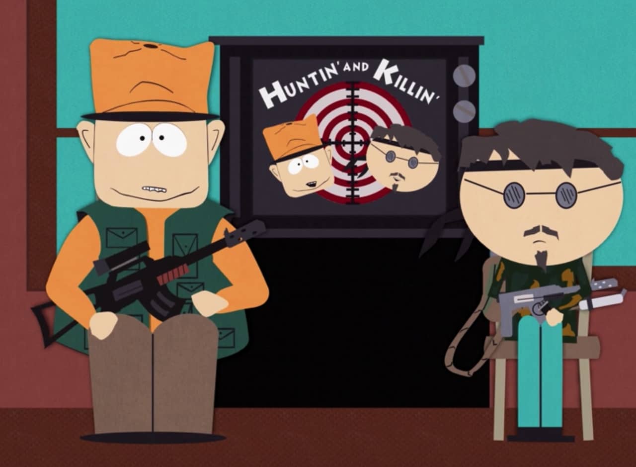 Jimbo and Ned each holding a gun