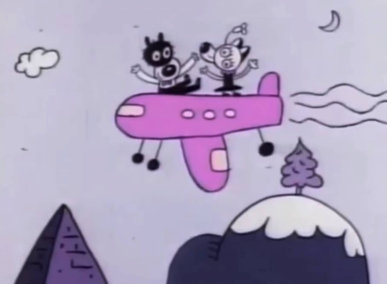 hand-drawn animation of dogs Poopy and Explodey riding in an airplane