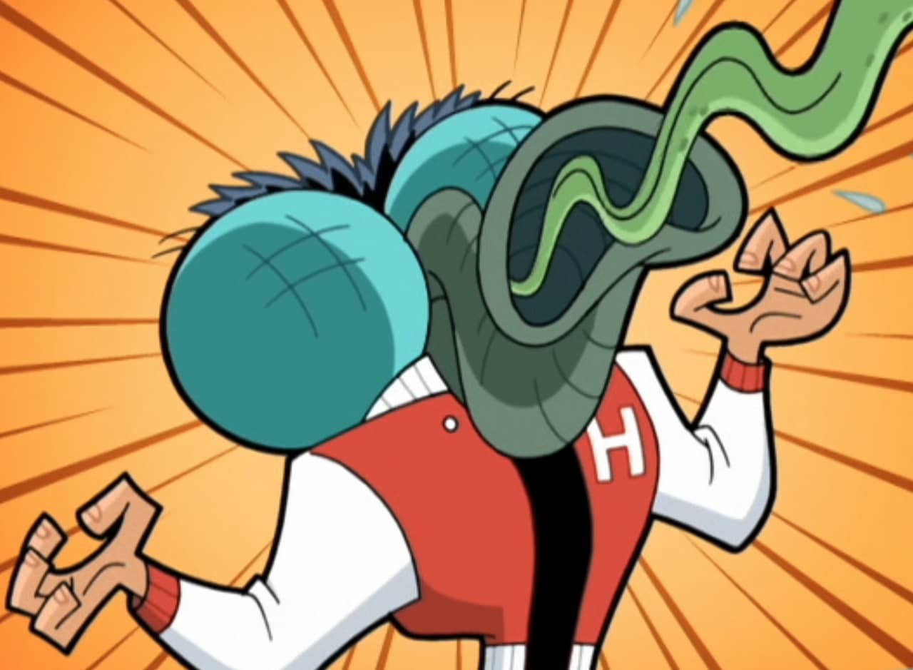 body of a boy in a letterman jacket with the head of a fly
