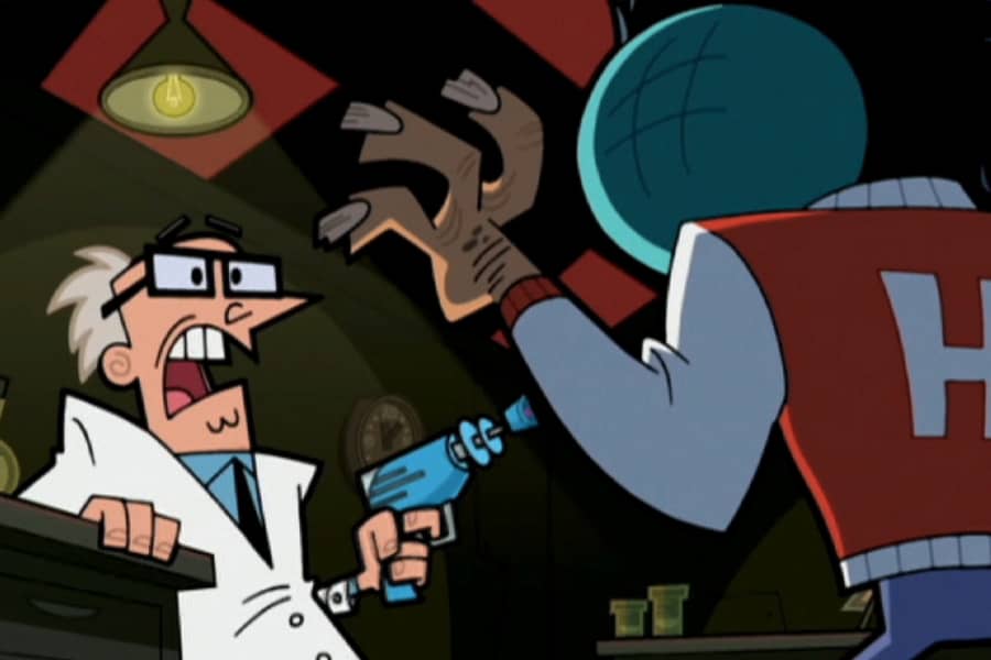 teenage blowfly approaching a scientist who is pointing a ray gun at him