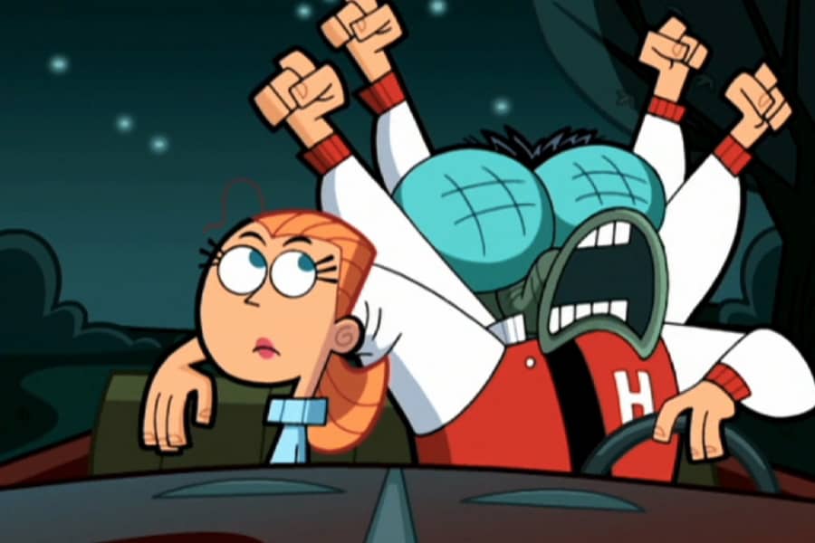 blowfly stretching his multiple arms next to a girl in his car