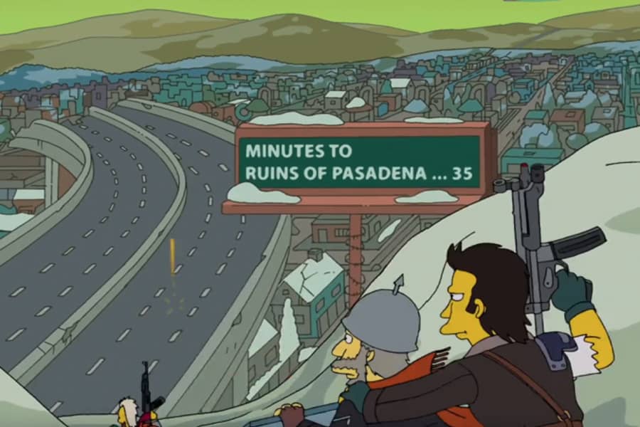 dudes with guns sledding by a highway sign that reads, “35 minutes to the ruins of Pasadena”
