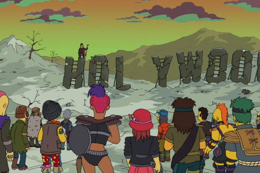 a post-apocalyptic crowd gathers by the remains of the Hollywood sign