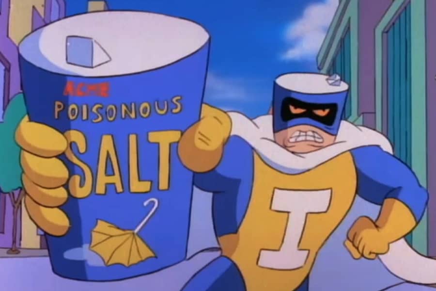 The Iodizer holding up a tub of salt