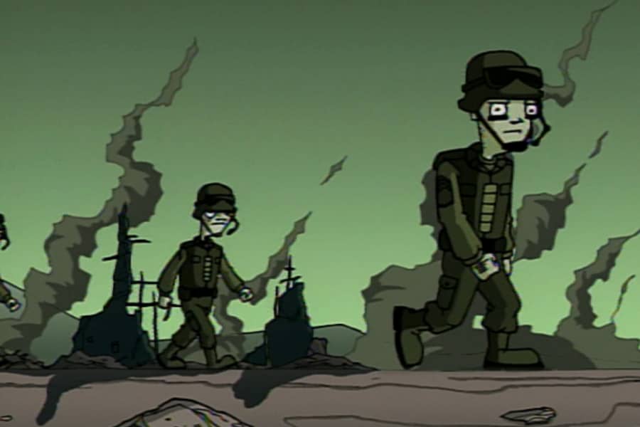 soldiers walking through fiery wreckage