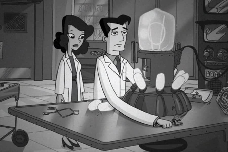 doctor reaching for a wrench and stretching his arm longer than humanly possible