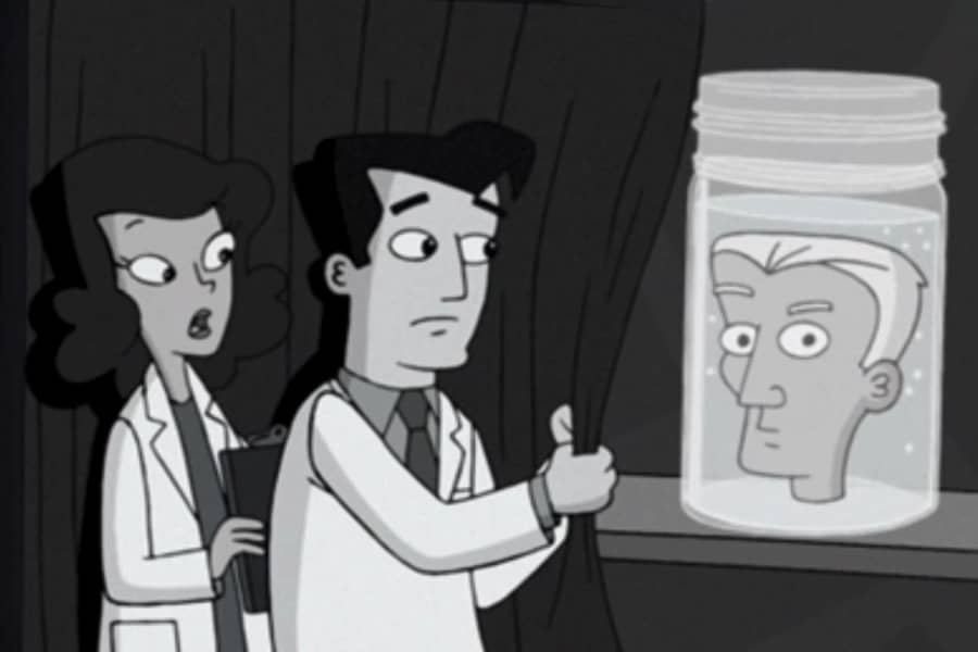 the doctors pull back a curtain to see a human head in a jar