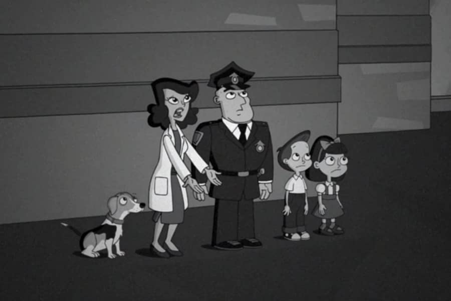female doctor with a cop and two kids asking why to the sky