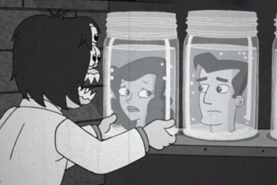 alien placing another human head jar on the shelf