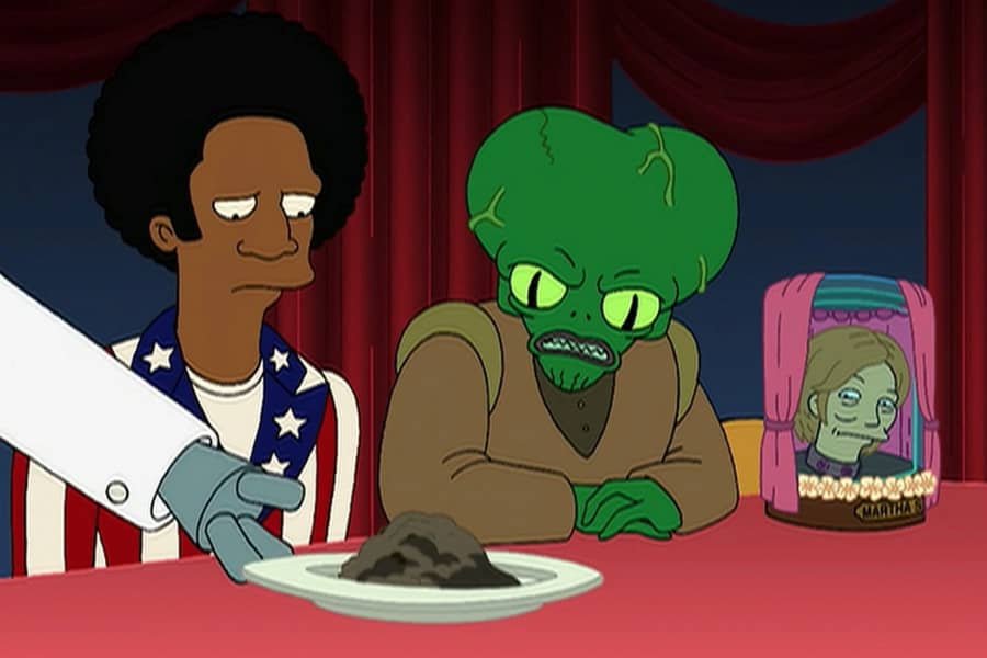 Bender serves a dish to Bubblegum Tate, Morbo, and Martha Stewart’s head