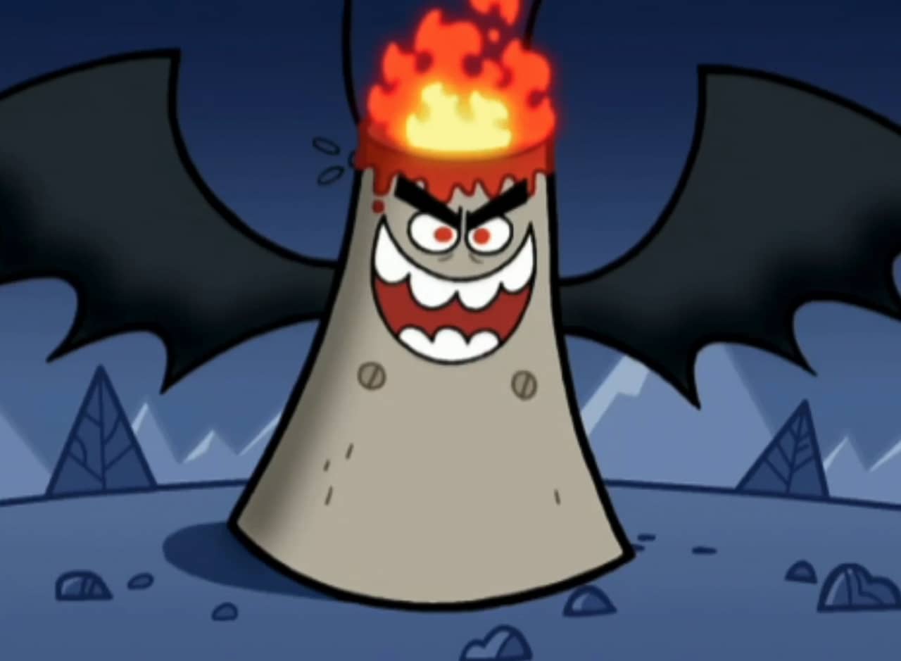 flaming volcano with a face and big bat wings