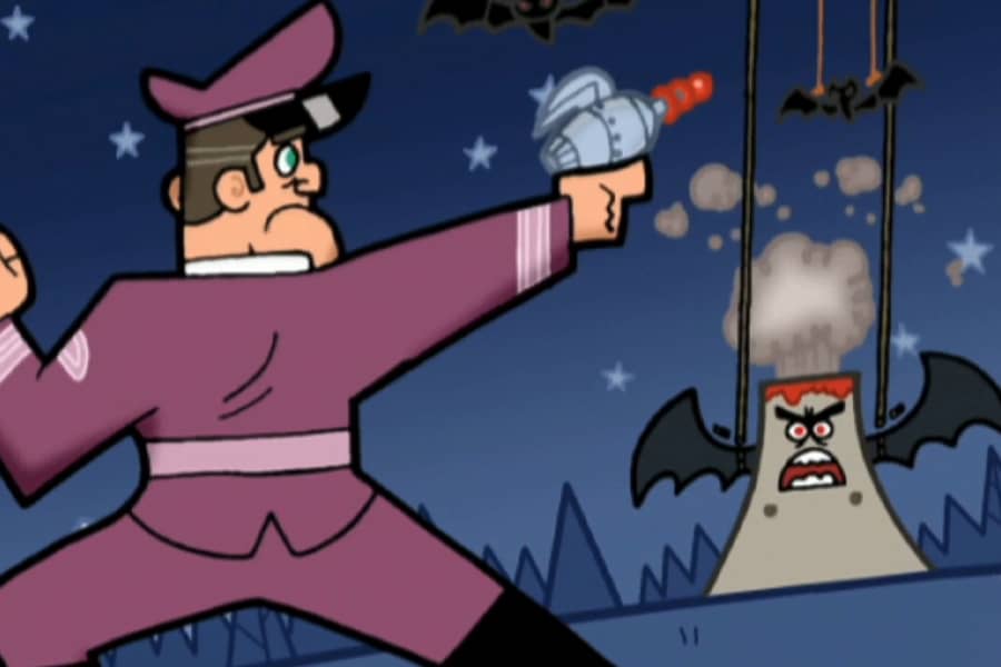 officer pointing a laser gun at the volcano