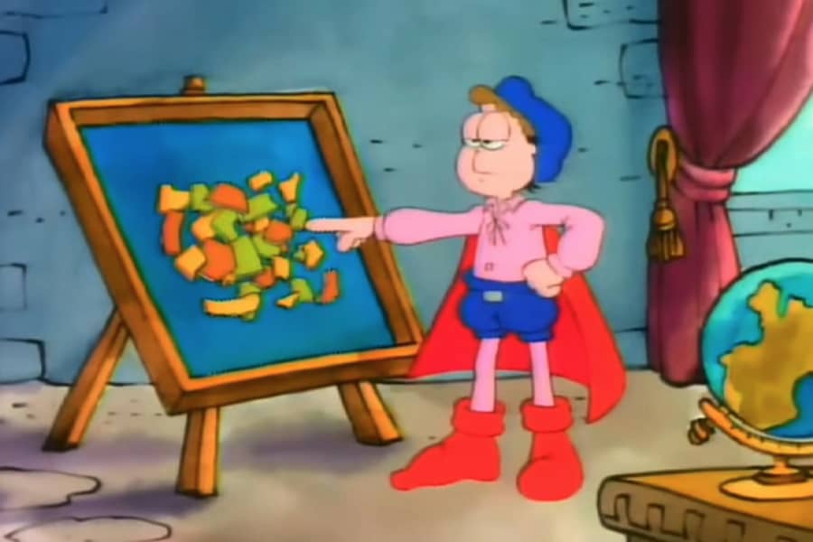 man pointing at a board filled with random states