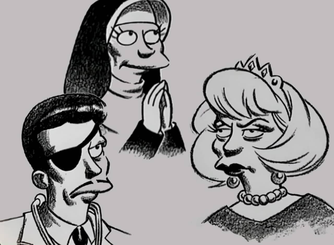 portrait drawings of characters from the show: a nun, a woman in a tiara, and a man with an eye patch