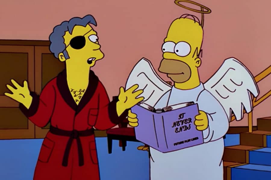 Tad with angel Homer who’s holding an “It Never Ends” book