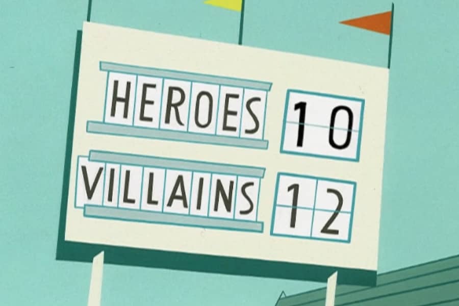 a football scoreboard: Heroes 10, Villains 12
