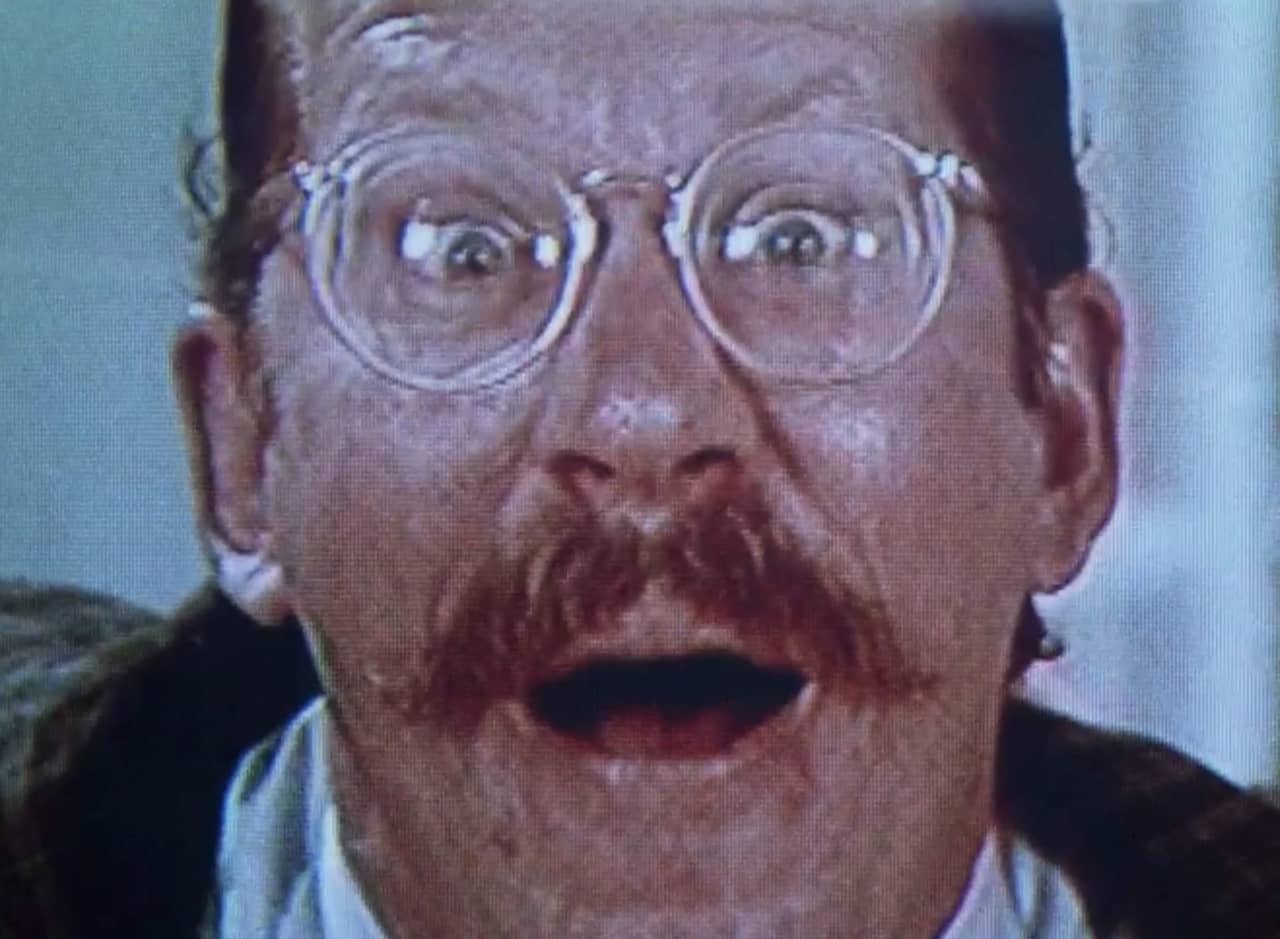 closeup of Bixby Snyder, a goofy mustached man with glasses