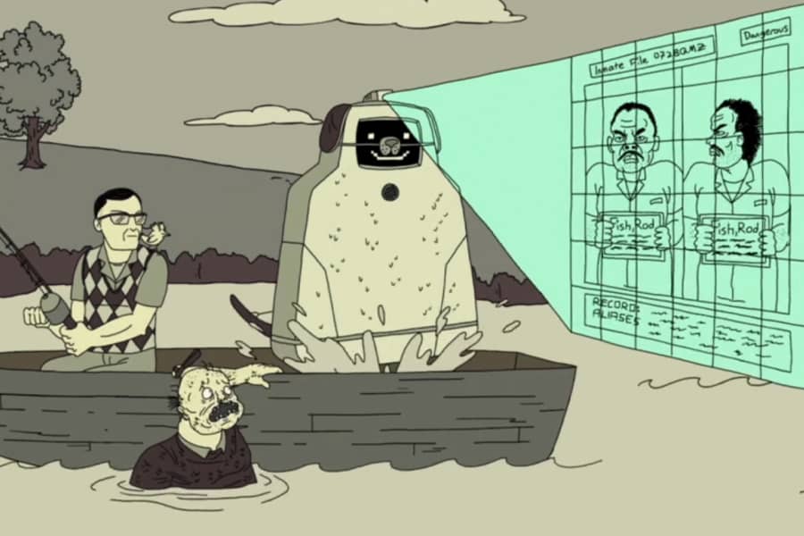 Jailpup shows an inmate record to Timmy on a boat