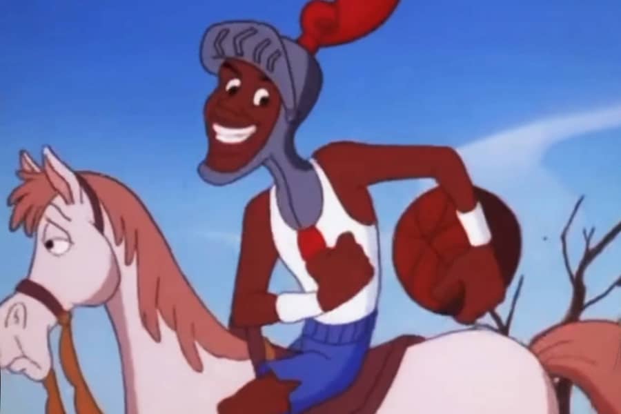 basketball player rides a horse and wearing a knight’s helmet